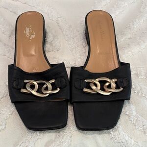 Black Leather Slide Sandals with gold  Chain Detail 6.5